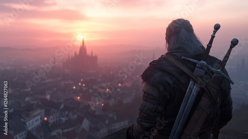 cloaked warrior gazes somberly at distant city during vibrant sunset, feeling sense of anticipation and duty photo