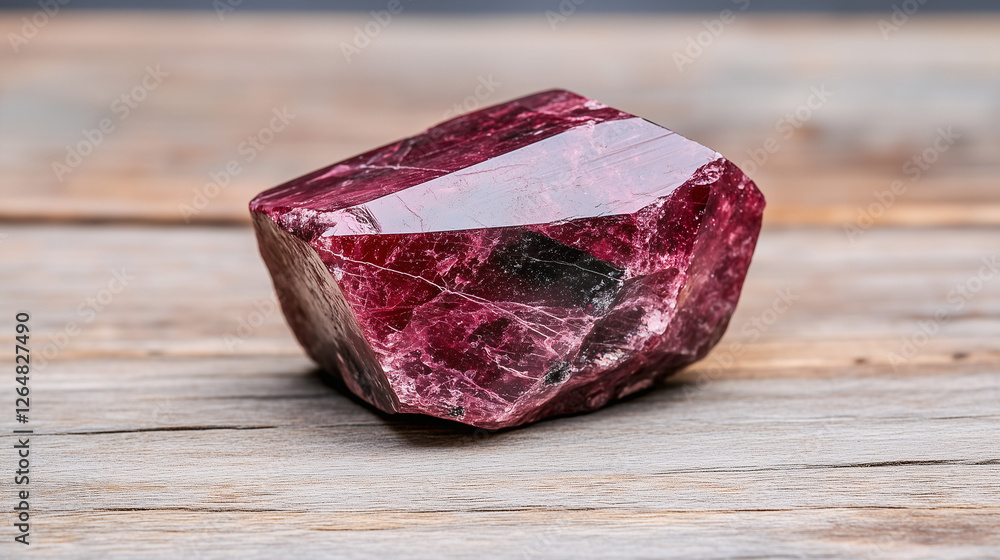 Obraz premium A dark-pink mineral in its raw form with black veins rests on a wooden surface, often used in lithotherapy and for decorative collections.