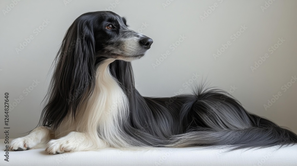 Elegant Dog with Long Black and White Fur Lying Down. Generative AI Elegant Dog with Long Black and White Fur Lying Down. Generative AI