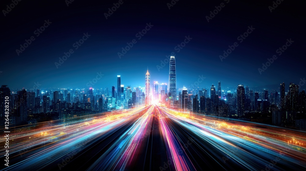 Fototapeta premium Nighttime cityscape urban center panoramic view vibrant lights aerial perspective woody