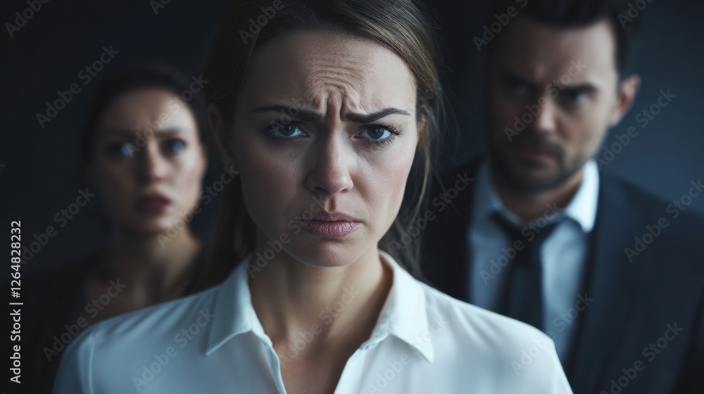 Tension builds in a dramatic confrontation among three individuals Tension builds in a dramatic confrontation among three individuals
