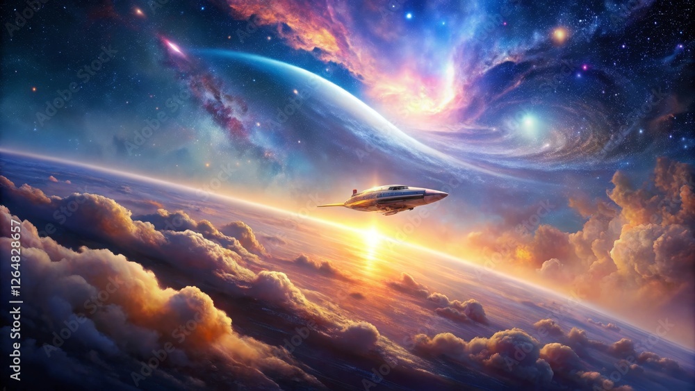 A Futuristic Aircraft Soars Above a Vibrant Planetary Landscape at Sunrise, Amidst a Cosmos of Glowing Nebulae and Distant Stars A Futuristic Aircraft Soars Above a Vibrant Planetary Landscape at Sunrise, Amidst a Cosmos of Glowing Nebulae and Distant Stars