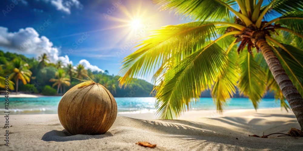 Obraz premium Crisp images of tropical beaches, fresh coconut water, green and mature coconuts, and the iconic coconut tree.