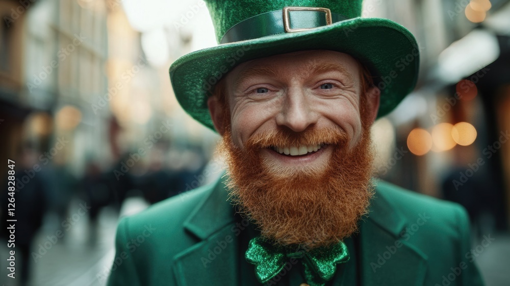 Smiling man in green attire during festive street celebration Smiling man in green attire during festive street celebration