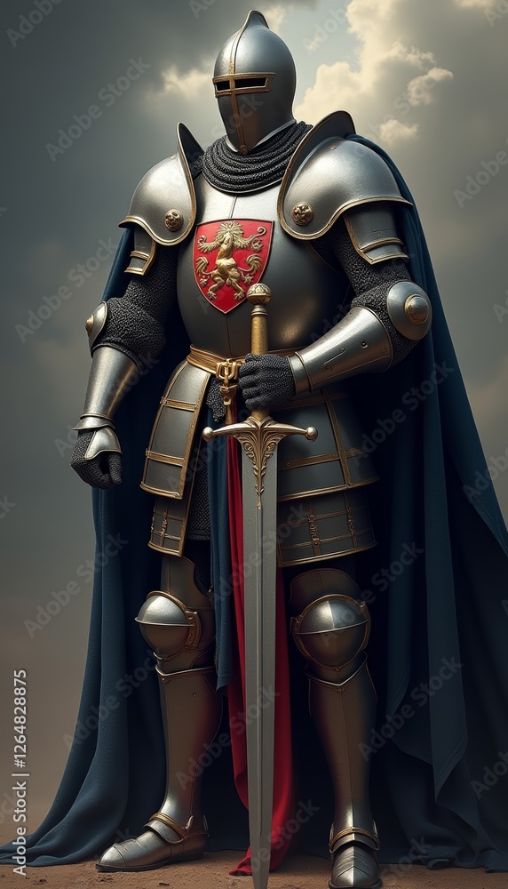 Fototapeta premium Majestic knight in shining armor stands ready for battle beneath brooding skies
