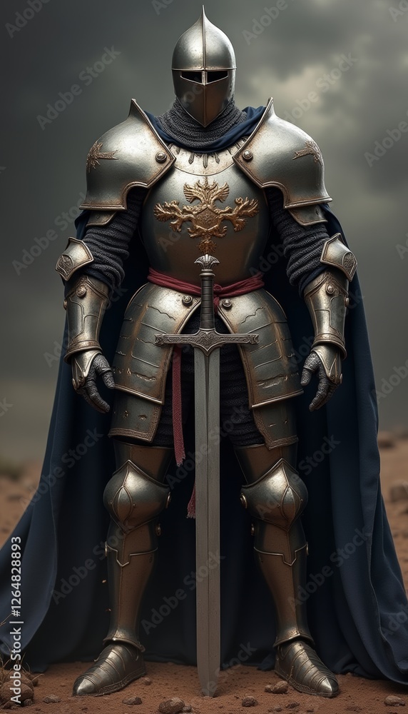 Knight clad in shining armor stands resolute against a stormy backdrop Knight clad in shining armor stands resolute against a stormy backdrop