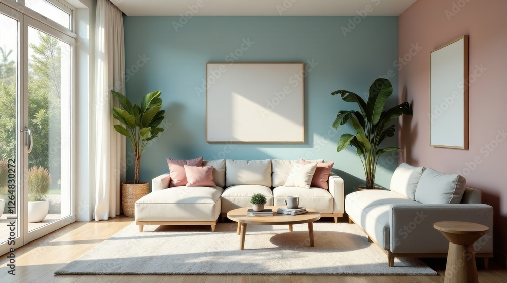 Fototapeta premium Serene Living Room Interior Design with Light Beige Sectional Sofa and Neutral Decor