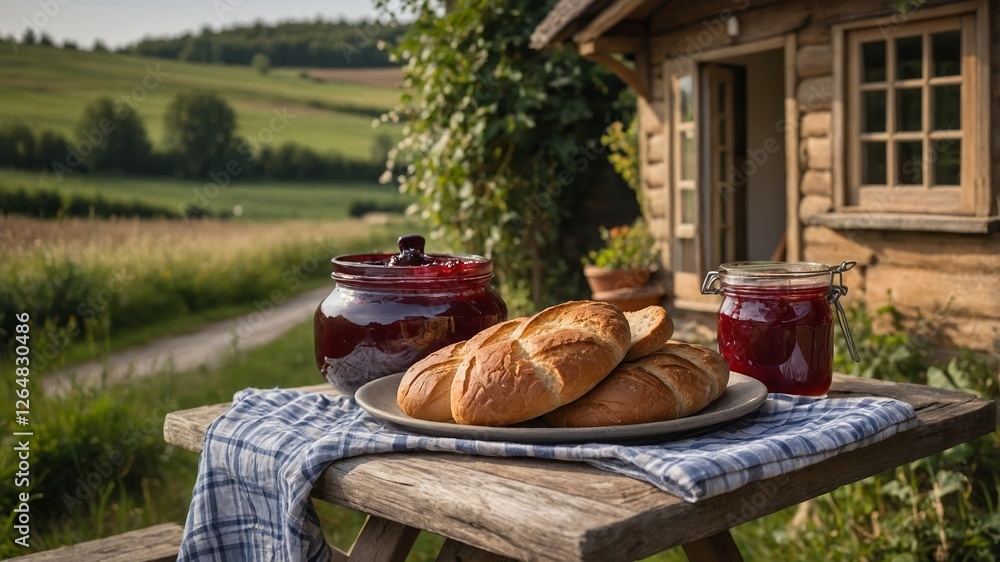 Freshly baked bread and berry preserves on a rustic table outside a cozy cabin during a sunny afternoon Freshly baked bread and berry preserves on a rustic table outside a cozy cabin during a sunny afternoon