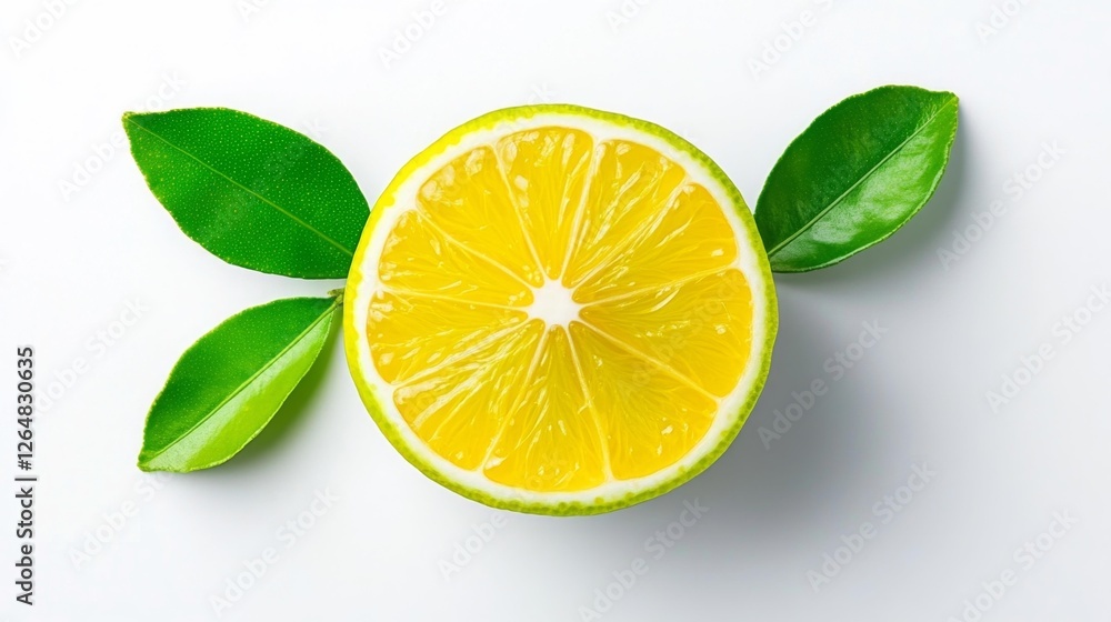 Freshly Cut Lemon with Green Leaves Isolated on White Background. Generative AI Freshly Cut Lemon with Green Leaves Isolated on White Background. Generative AI