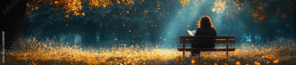 Fototapeta premium Person Reading a Book on a Bench in a Calm Autumn Park. Generative AI