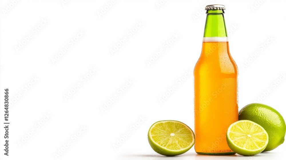 Bottle of Beer with Fresh Lime on White Background. Generative AI Bottle of Beer with Fresh Lime on White Background. Generative AI