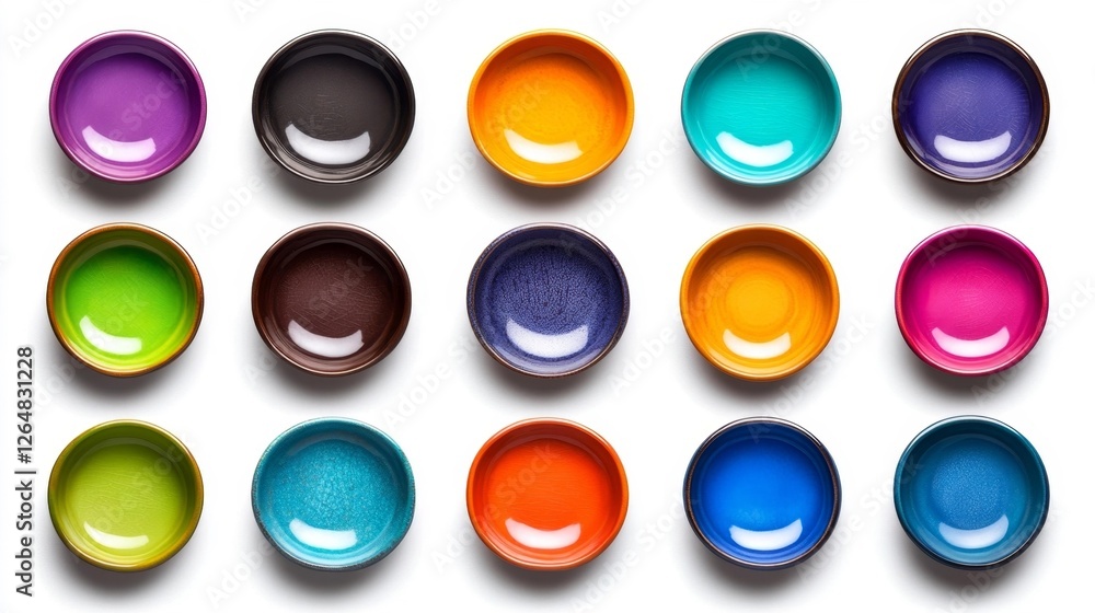 Bright Colorful Ceramic Bowls with Glossy Finish on White Background. Generative AI Bright Colorful Ceramic Bowls with Glossy Finish on White Background. Generative AI