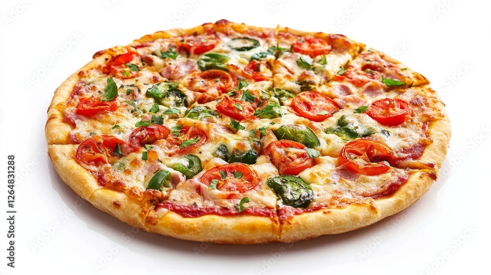 Freshly Baked Pizza with Colorful Toppings on a Pure White Background Freshly Baked Pizza with Colorful Toppings on a Pure White Background