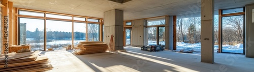 Modern home under construction with snowy forest view