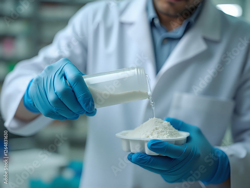 Scientist in Lab Coat Performs Precise Chemical Experiment with Gloved Hands and Measuring Tools