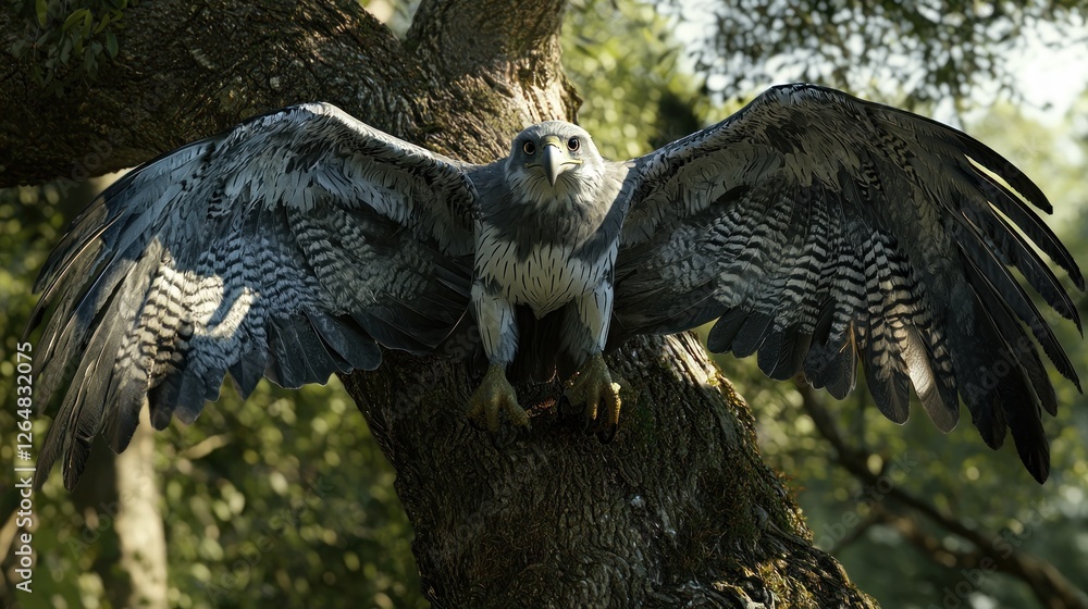 Fototapeta premium Majestic eagle perched on tree, wings spread.