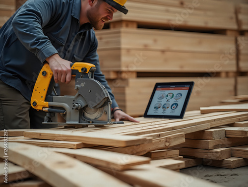 Woodworking professional using chop saw and tablet for guided craftsmanship in organized workshop environment with modern technology integration