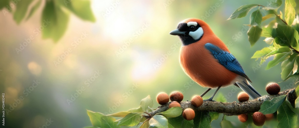 Obraz premium Vibrant Bird Perched on a Branch Surrounded by Greenery and Light