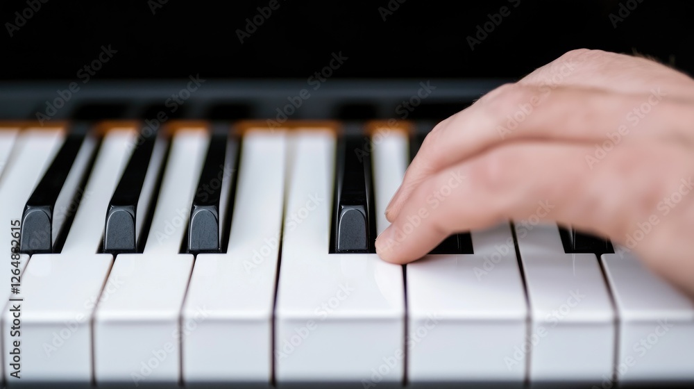 Fototapeta premium Close-up hand playing piano keys, dark background, music practice