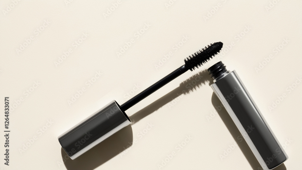 Obraz premium a single, luxurious mascara wand, its bristles full and luscious, resting diagonally on a solid, creamy white background