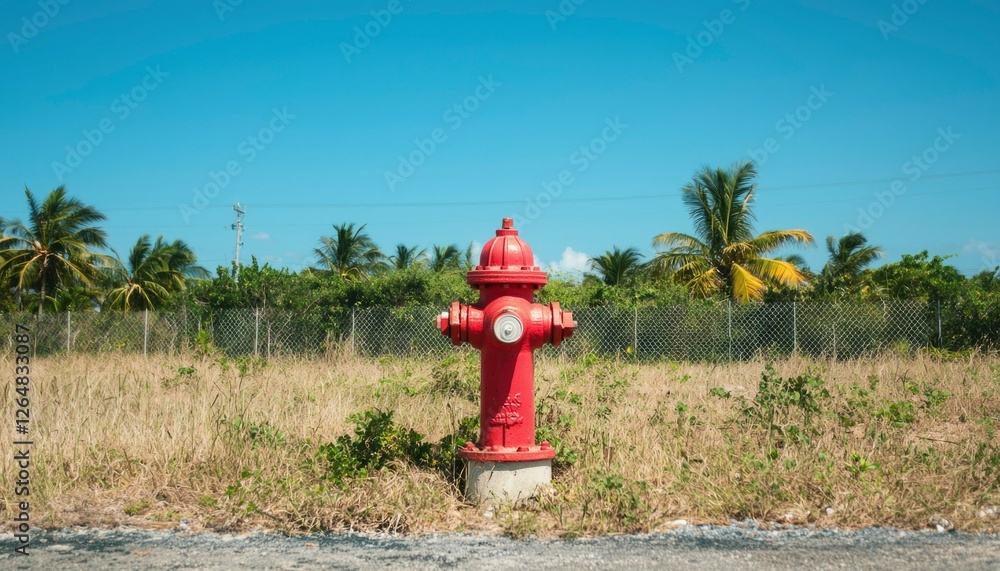Red fire hydrant stands guard near dry grass, lush trees and bright blue sky Red fire hydrant stands guard near dry grass, lush trees and bright blue sky