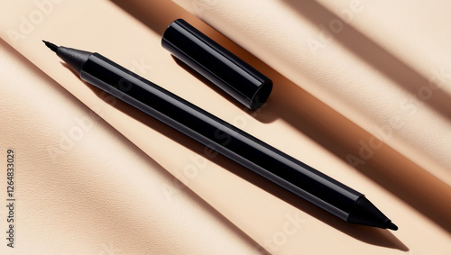 Wallpaper Mural a vibrant black eyeliner pencil, with its cap slightly twisted open, lying on a rich, creamy white background Torontodigital.ca