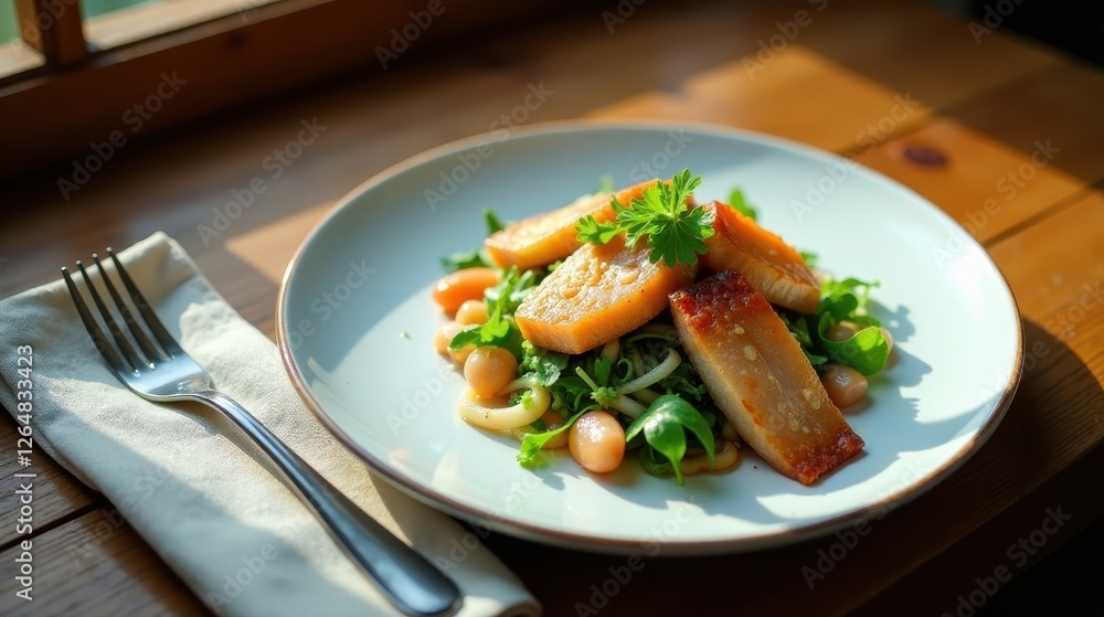 Sunlit Culinary Delight Pan-Seared Protein with Spring Greens and White Beans on a Plate Sunlit Culinary Delight Pan-Seared Protein with Spring Greens and White Beans on a Plate