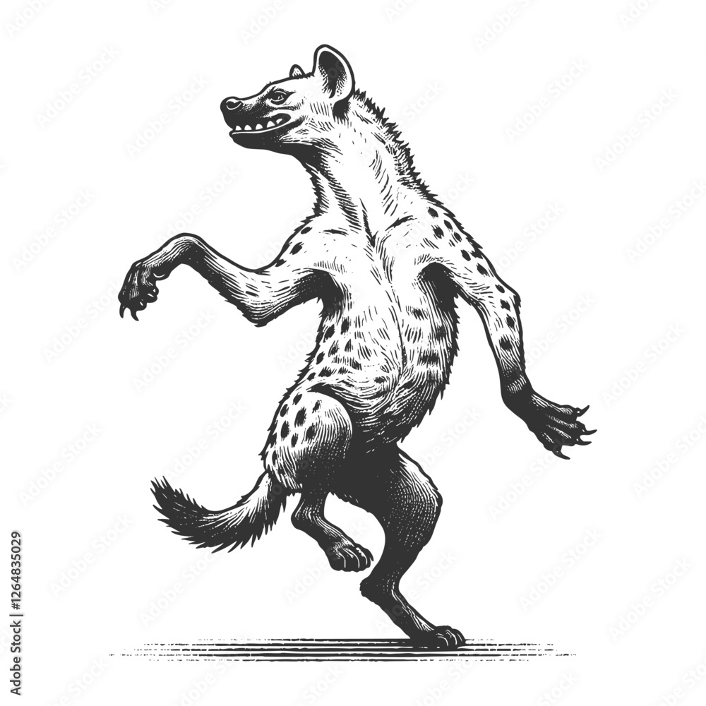 hyena standing upright and dancing, featuring intricate line work in a vintage etching style sketch engraving generative ai vector illustration. Scratch board imitation. Black and white image. hyena standing upright and dancing, featuring intricate line work in a vintage etching style sketch engraving generative ai vector illustration. Scratch board imitation. Black and white image.