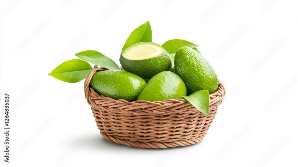 Basket of Fresh Avocados with Green Leaves Isolated on White. Generative AI Basket of Fresh Avocados with Green Leaves Isolated on White. Generative AI