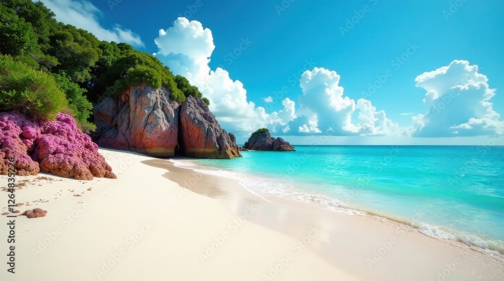 Obraz premium Serene Coastal Paradise Picturesque Beach with Lush Greenery and Colorful Rock Formations Under a Vivid Sky