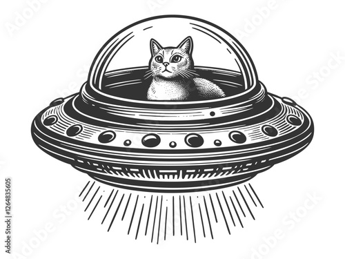 adorable cat inside a flying saucer, blending whimsical sci-fi, fantasy, and humor in a vintage artistic style sketch engraving generative ai vector illustration. Scratch board. Black and white image.