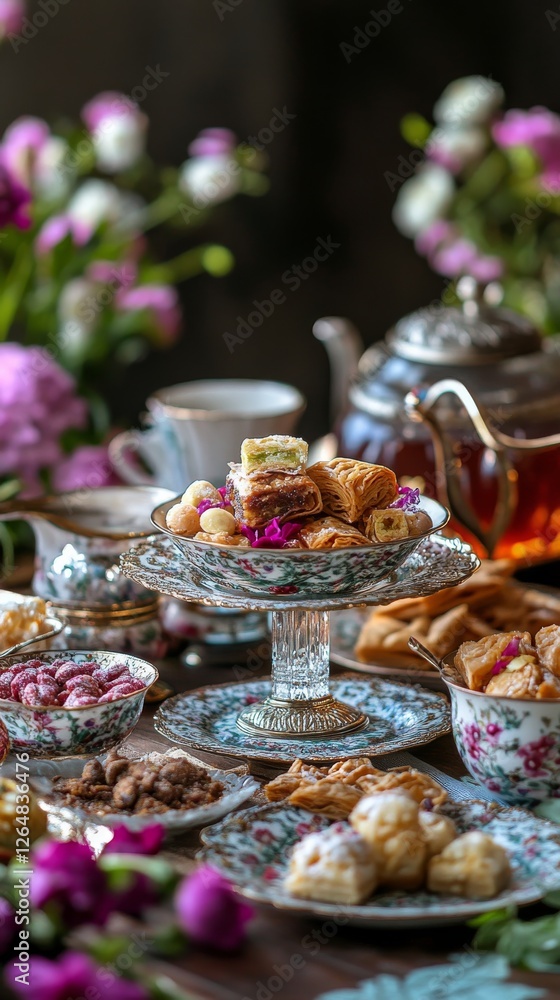 Nowruz celebration table with traditional Persian sweets like baklava, qottab, and pistachio nougat. Flowers and teapot Nowruz celebration table with traditional Persian sweets like baklava, qottab, and pistachio nougat. Flowers and teapot