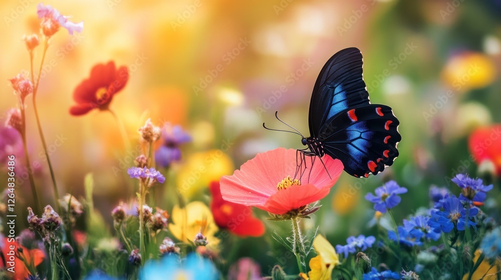 Fototapeta premium A black butterfly resting on a vibrant flower in a sunny meadow, with wildflowers and grass around. The butterfly is fluttering its wings, its iridescent colors shimmering.