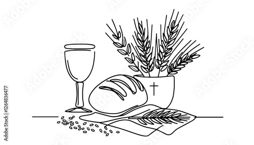 holy communion with chalice bread and wheat in one line drawing style