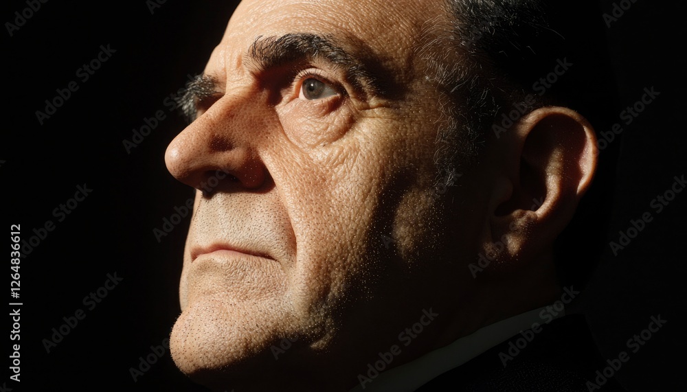 Obraz premium Focused elderly man with deep shadows, portrait for aging, strength concepts