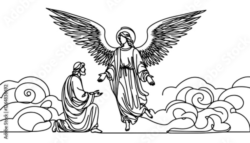 angel with wings appearing to a kneeling man in stylized line drawing vector