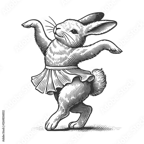 Easter bunny dancing gracefully, combining fantasy, nostalgia, and classic illustration style sketch engraving generative ai vector illustration. Scratch board. Black and white image.
