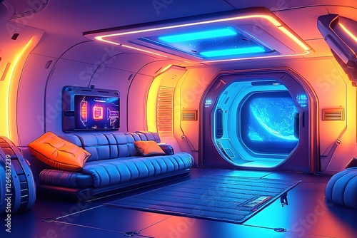 Brightly Colored Futuristic Living Room in  Style Spaceship Design for Game Background