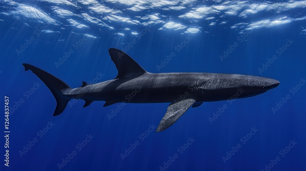 Obraz premium A black shark swimming through the deep blue ocean, with sunlight filtering through the water. The shark is gliding gracefully, its fins cutting through the waves.