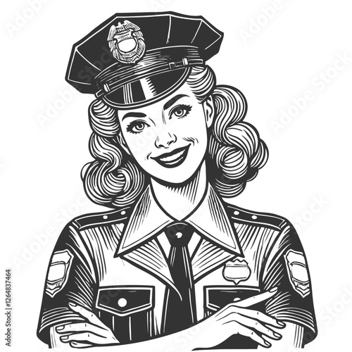 cheerful female police officer in a classic uniform, featuring curled hair and a confident pose, retro law enforcement aesthetics sketch engraving generative ai vector. Scratch board. Black and white.