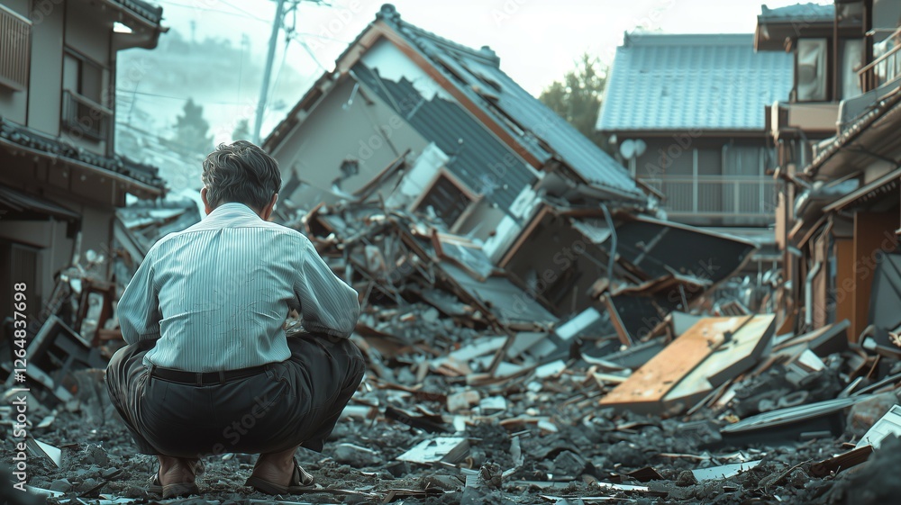 巨大地震による日本家屋の倒壊 巨大地震による日本家屋の倒壊