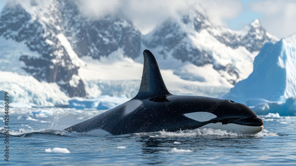 Naklejka premium A black orca swimming through icy Arctic waters, with icebergs and snow-covered mountains in the background. The orca is breaching the surface, its dorsal fin cutting through the water.