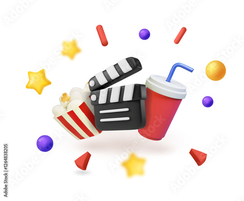 Cinema movie icons set. Popcorn bucket and soda, clapper board 3d cartoon concept Cinema home symbol. Watch a movie, film icons, blogging, vlog