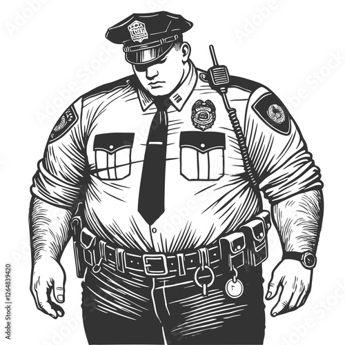strong-built police officer in uniform, exuding authority and classic law enforcement aesthetics sketch engraving generative ai vector illustration. Scratch board imitation. Black and white image.