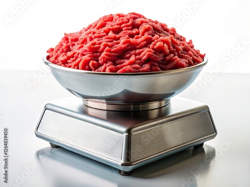 High-resolution close-up: ground beef precisely weighed on a digital food scale.