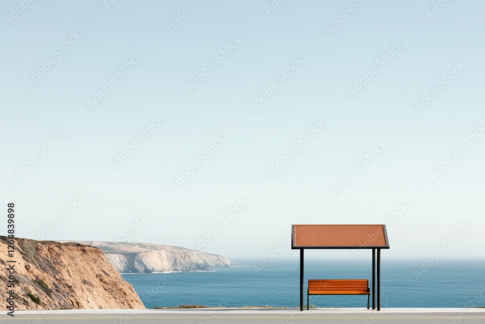 Scenic coastal bus stop situated along a quiet ocean road with a minimalist bench overlooking the serene horizon and rocky cliffs Scenic coastal bus stop situated along a quiet ocean road with a minimalist bench overlooking the serene horizon and rocky cliffs