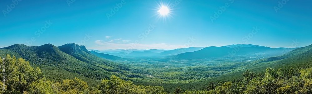 Fototapeta premium Mountain landscape banner in wide-angle lens, Beautiful breath-taking natural scenery. Perfect concept image for outdoor sports, hiking travel, environment protection.