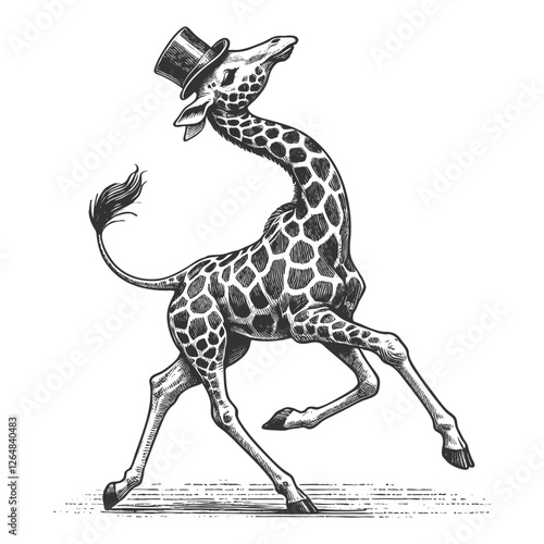 giraffe playfully dancing, fantasy, nature, and artistic whimsy in a vintage style sketch engraving generative ai vector illustration. Scratch board. Black and white.