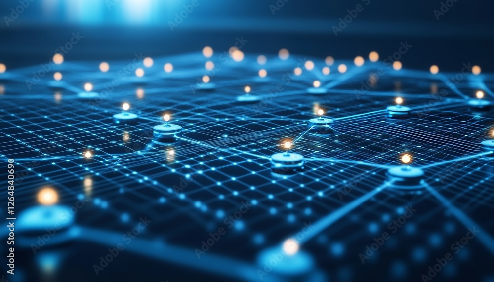Obraz premium Futuristic Blue Network Interconnected Nodes And Lines With Glowing Highlights, Bokeh, Vibrant