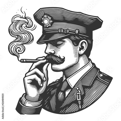 police officer in uniform smoking a cigar, evoking a noir-style, old-fashioned, and mysterious atmosphere sketch engraving generative ai vector illustration. Scratch board. Black and white image.